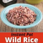 A bowl of wild rice blend, with an uncooked bowl of rice and a bottle of olive oil in the background