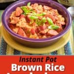 A bowl of brown rice jambalaya with sausage, chicken, and green onions, and tabasco sauce and cajun rub in the background.