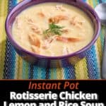 A bowl of rotisserie chicken lemon and rice soup, with a sprig of dill on top