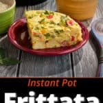 A slice of frittata with potatoes, sausage, and peppers, with more peppers and an Instant Pot in the background