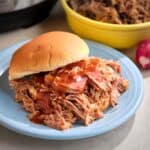 A pulled pork sandwich with barbecue sauce, with more pulled pork in a bowl in the background