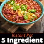 A bowl of 5 ingredient chili, topped with cheese, jalapenos, and green onion