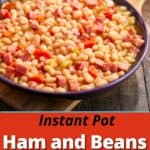 Cooked ham and beans in a purple bowl