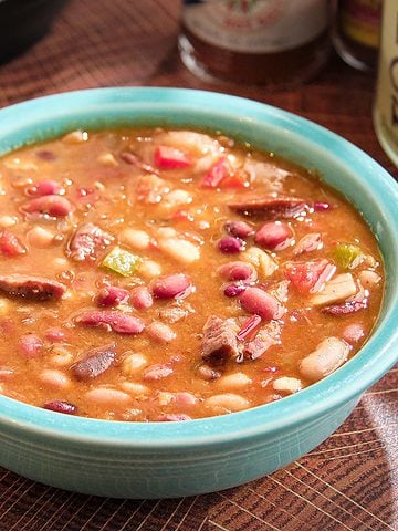 A bowl of 15 bean soup with sausage