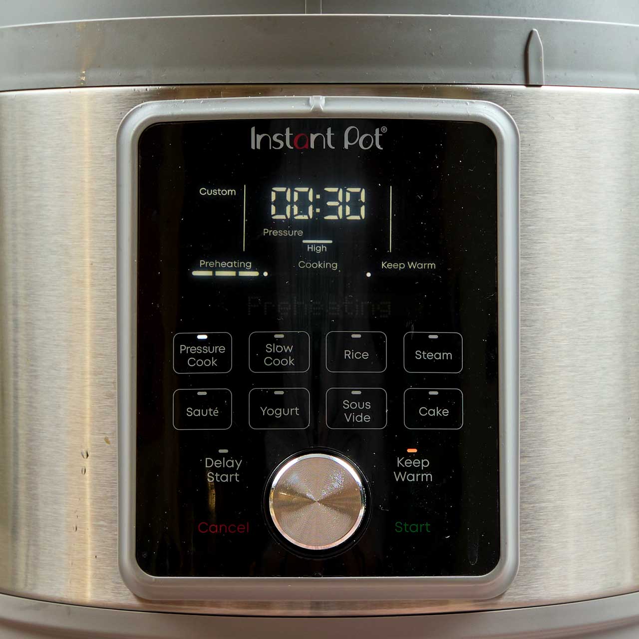 An Instant Pot showing 30 minutes at high presure