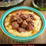 Beef tips and gravy on mashed potatoes