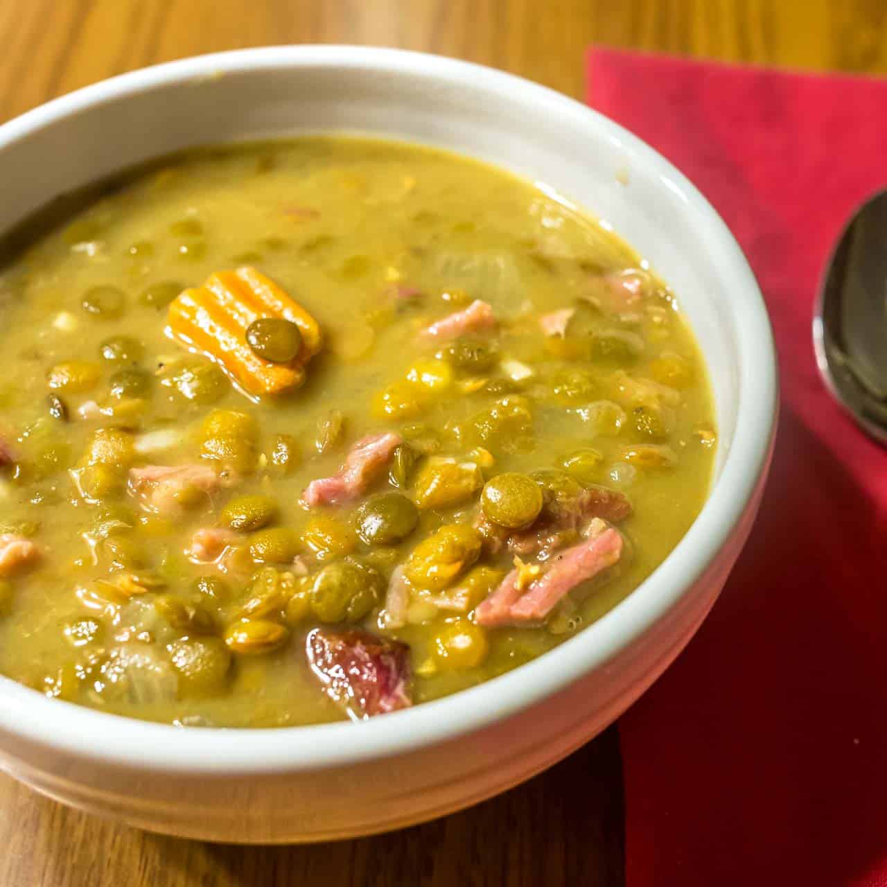 A bowl of Instant Pot Lentil and Hambone Soup