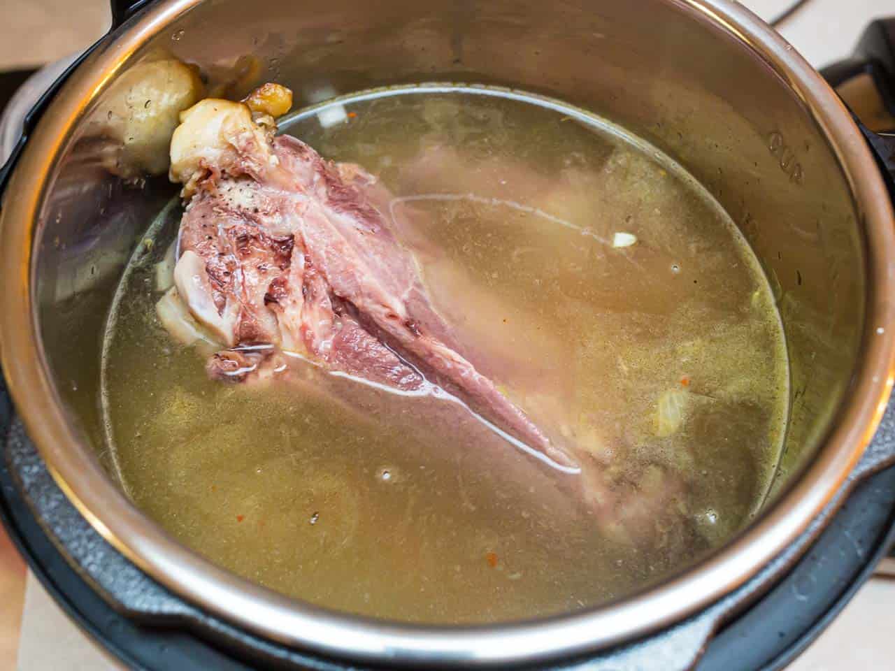 Everything in the pot - the hambone barely fits