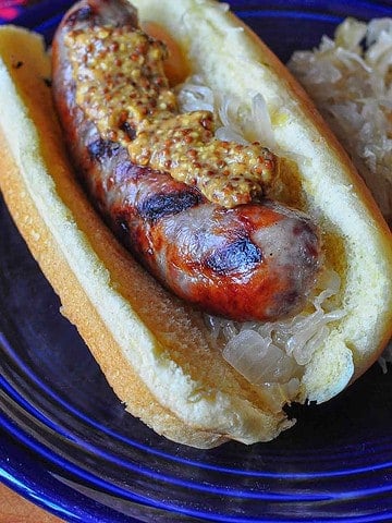 Grilled Bratwurst with sauerkraut and spicy brown mustard