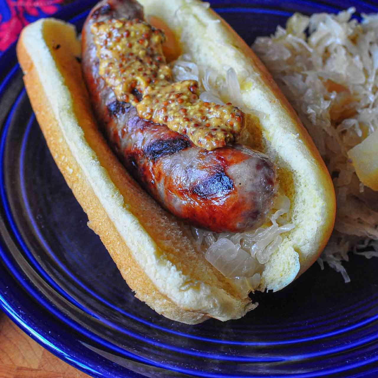 Grilled Bratwurst with sauerkraut and spicy brown mustard