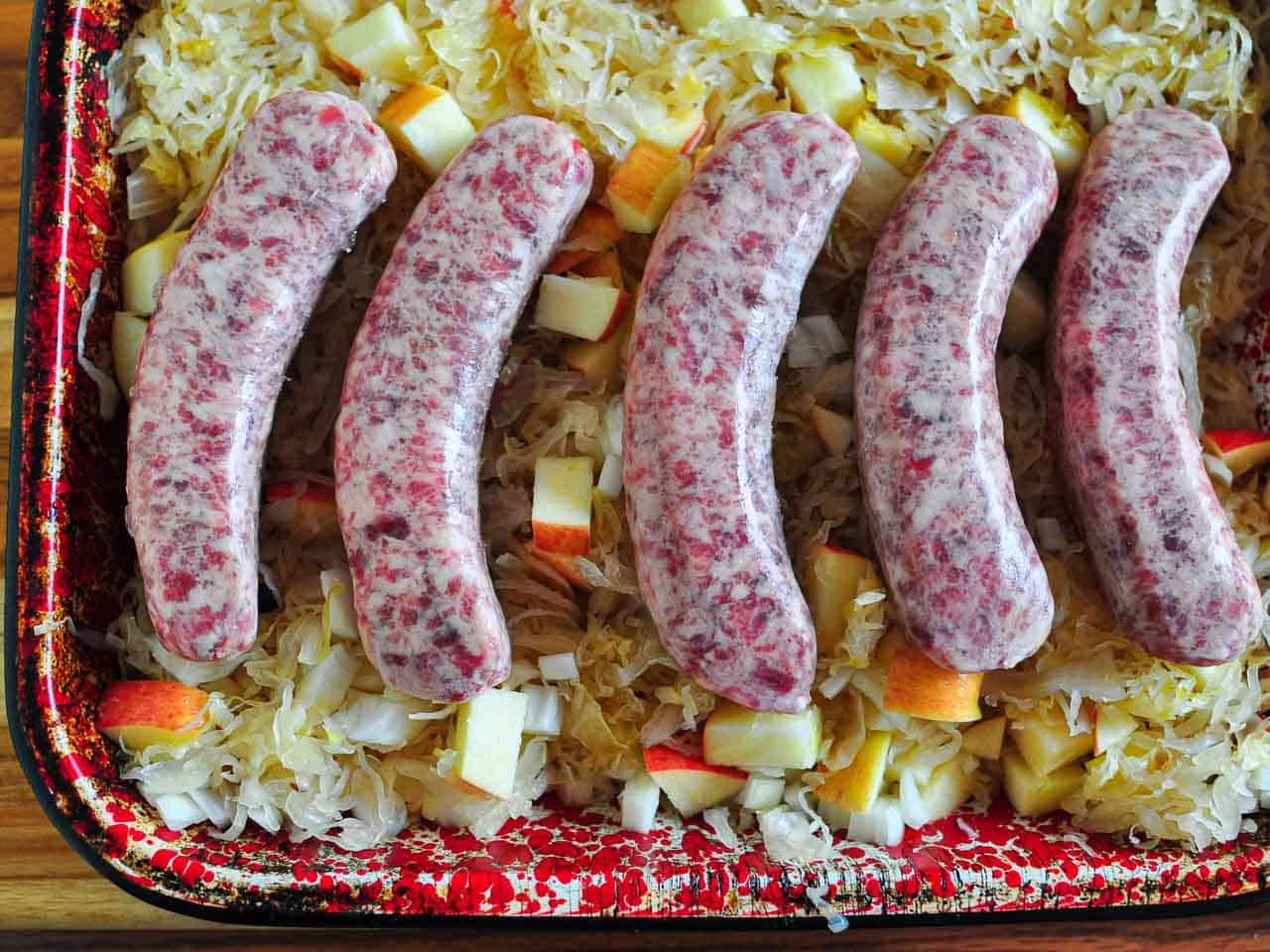 Bratwurst in the pan, ready to cook