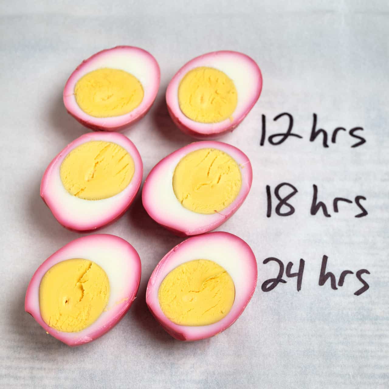 Hard boiled eggs soaked for 12, 18, and 24 hours in pickled beet brine, then cut in half