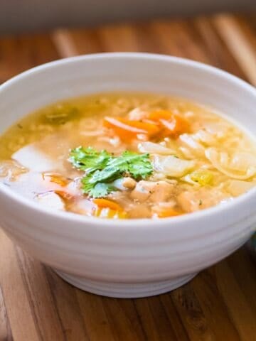 A bowl of Instant Pot Chicken Soup with Rice