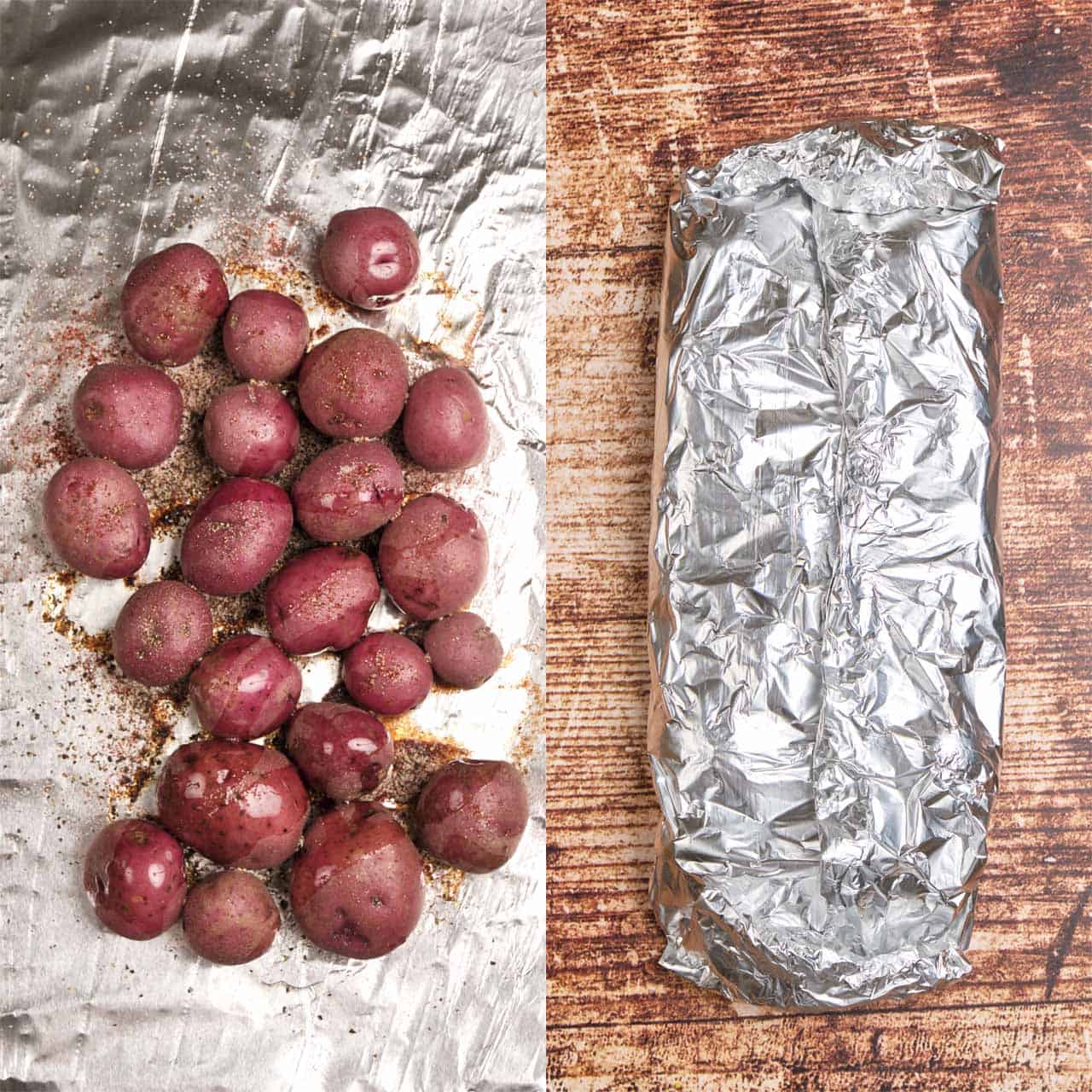 Left: Potatoes on foil drizzled with oil and spices. Right: Foil wrapped pouch of potatoes