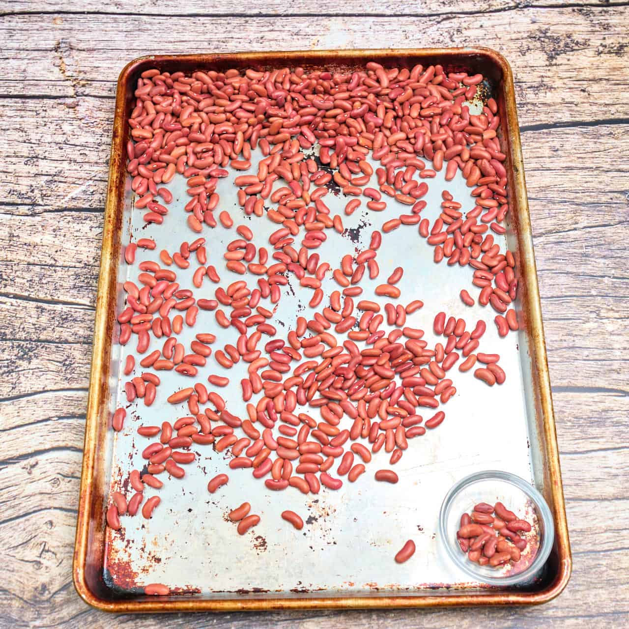 Sorting kidney beans on a half sheet pan