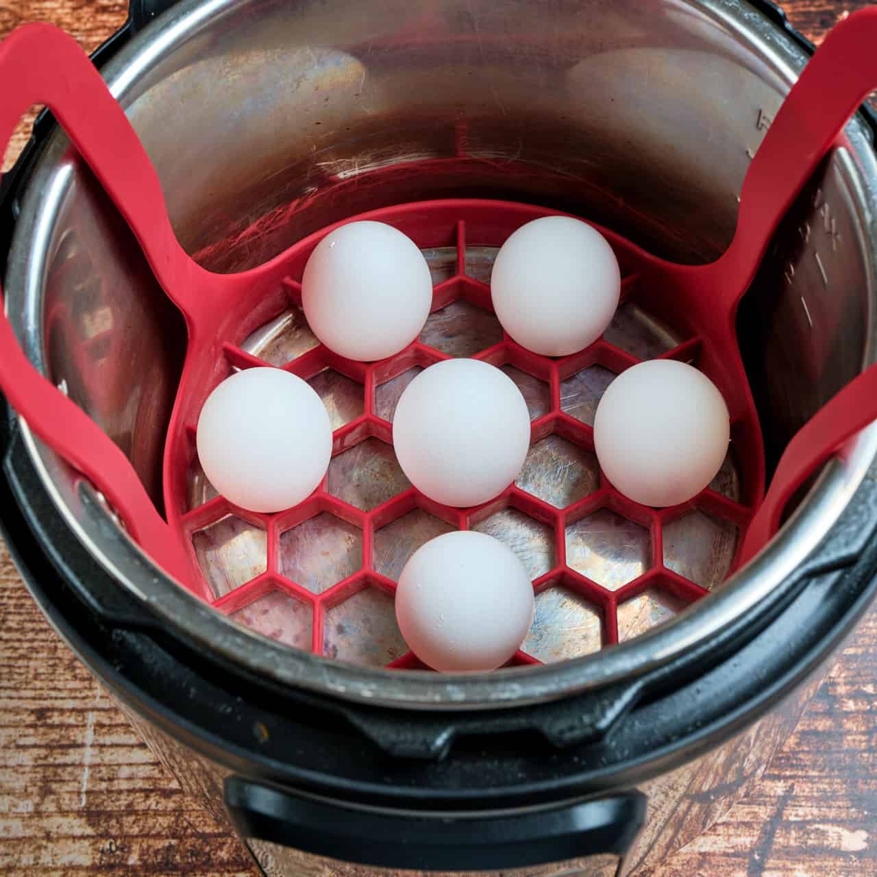 Six eggs on a rack in an Instant Pot