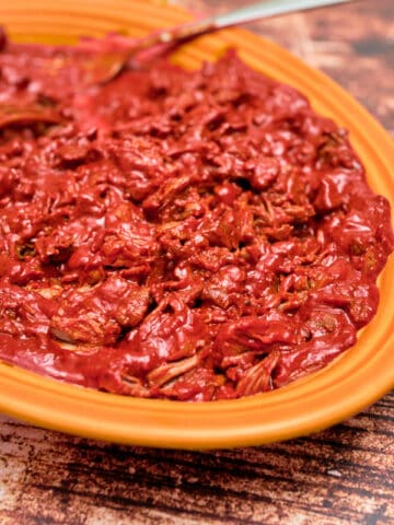 A platter of shredded Red Chile Pork