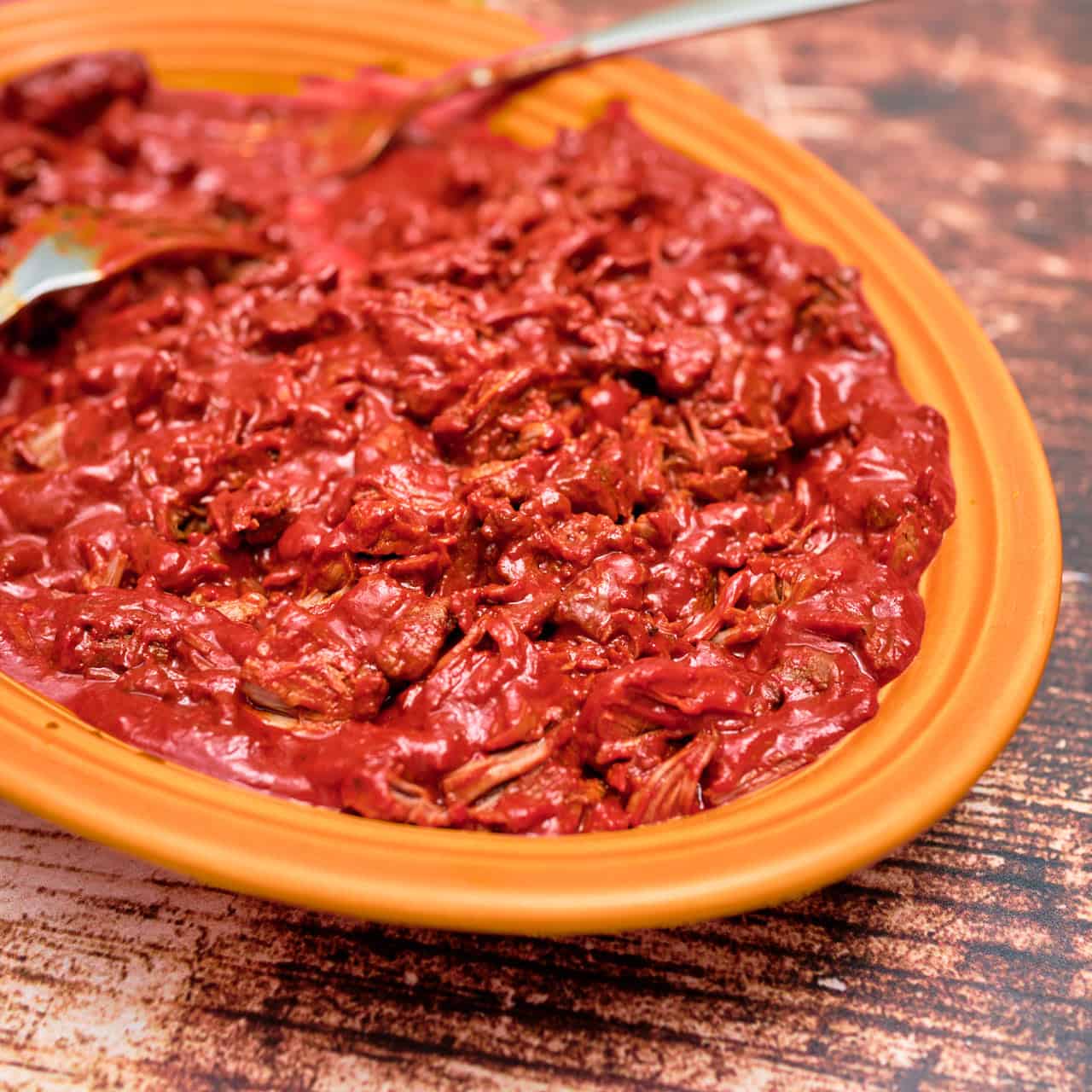A platter of shredded Red Chile Pork