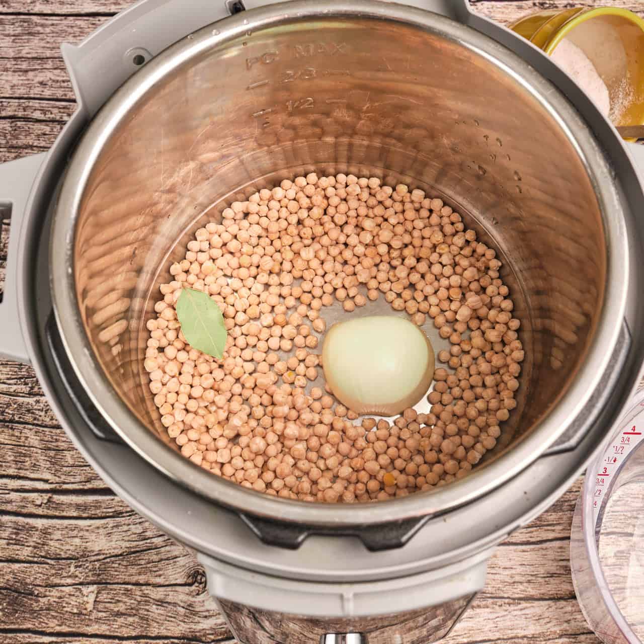 Small chickpeas, onion, and bay leaf in the Instant Pot