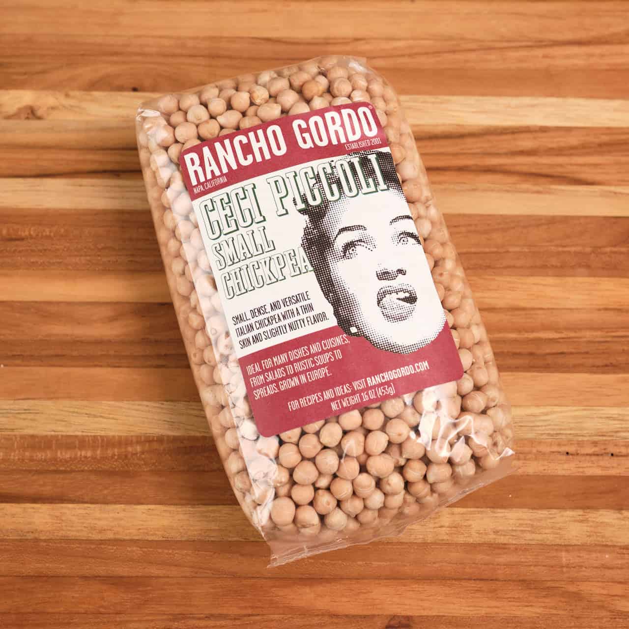 A bag of Rancho Gordo Ceci Piccoli, small chickpeas