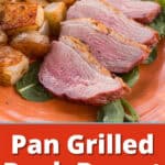 A plate of pan grilled duck breast slices with potatoes