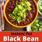 A bowl of black bean soup with avocados and green onions