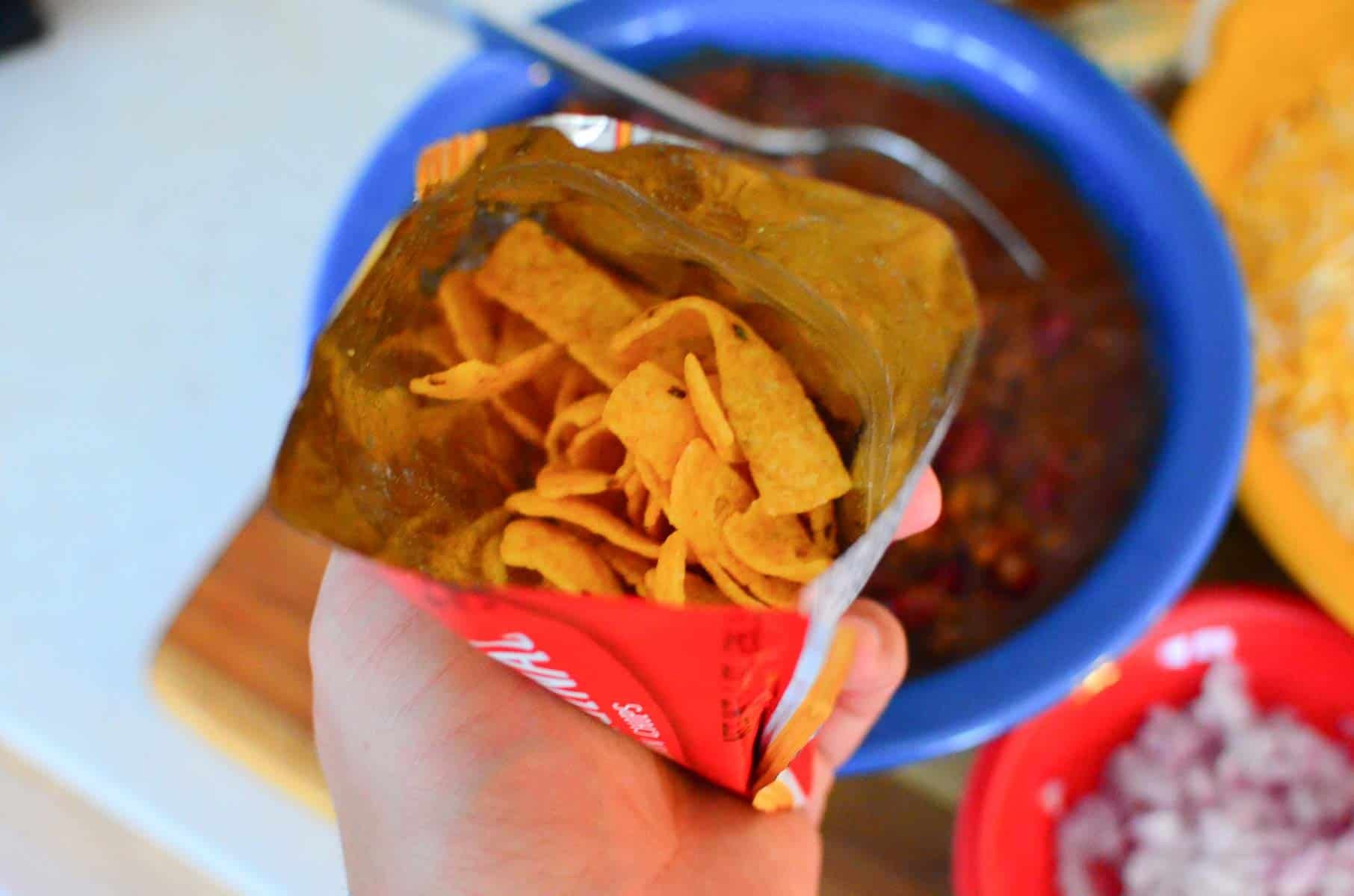 Frito bag opened and ready for chili