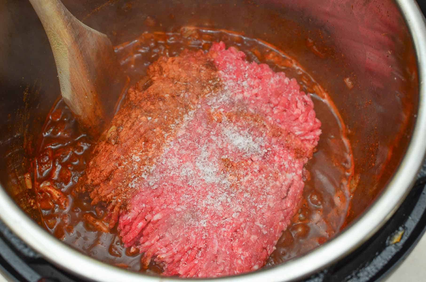 Ground beef in the pot