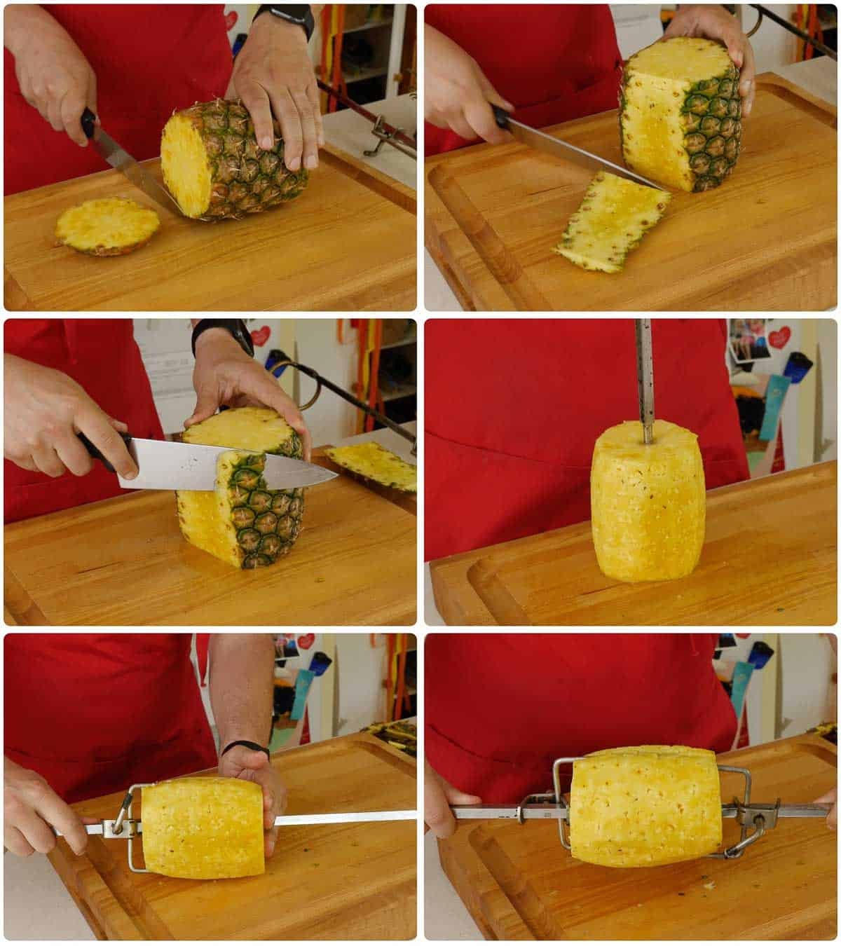 Trimming a pineapple and skewering it on a rotisserie spit