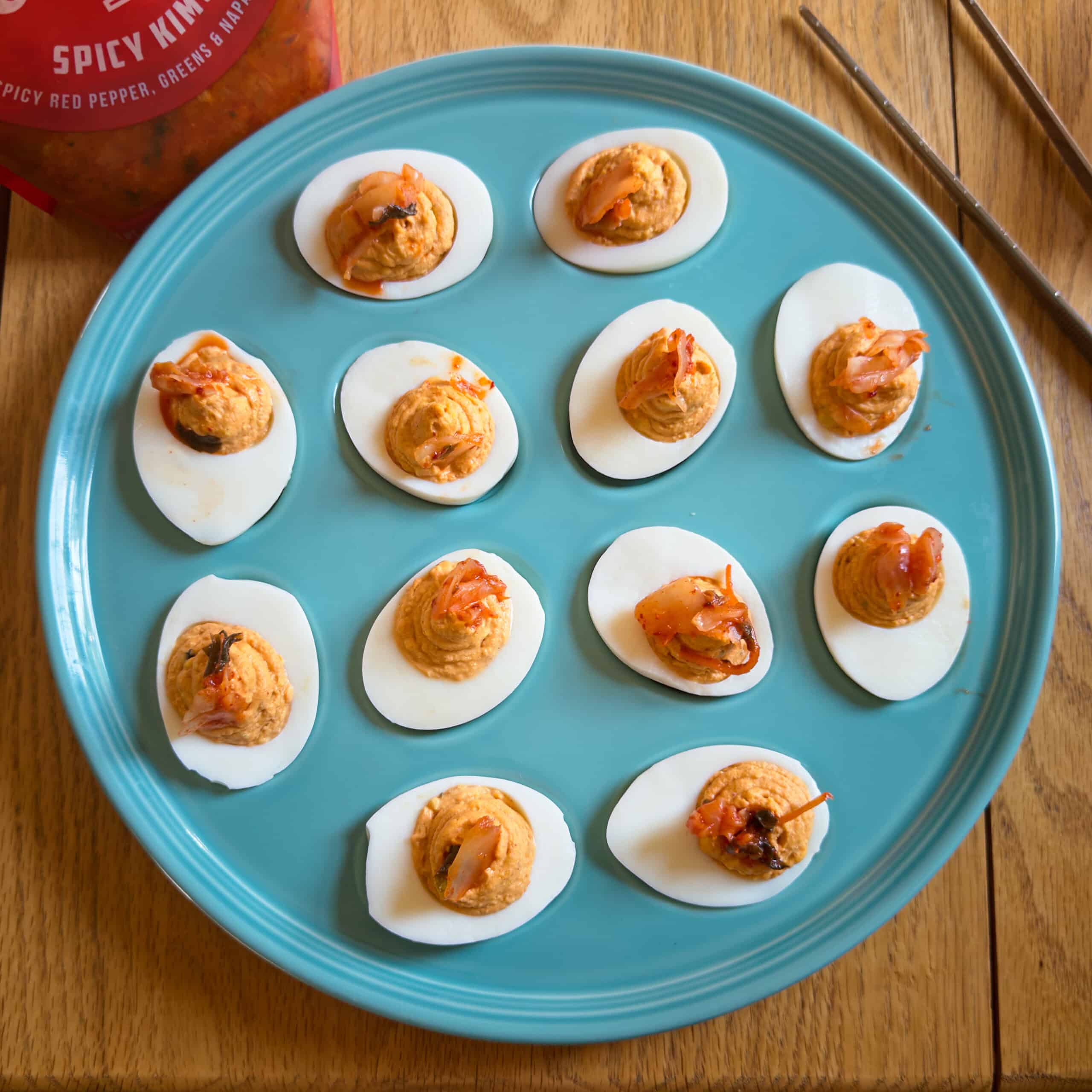 A plate of Kimchi Deviled Eggs
