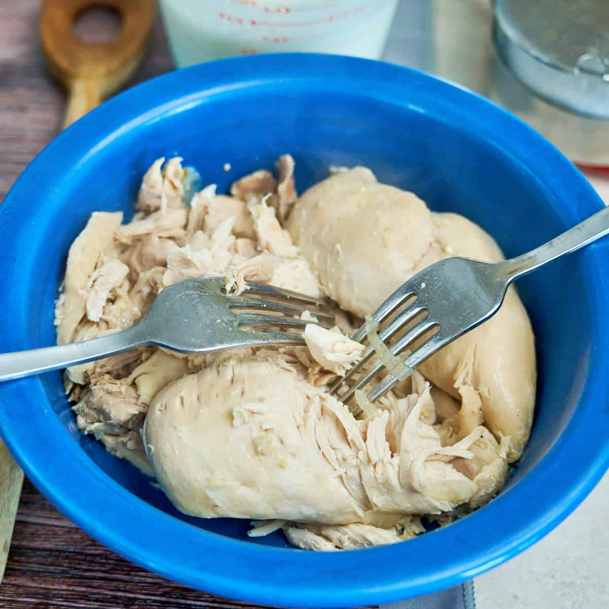 Shredding the chicken into bite-sized pieces