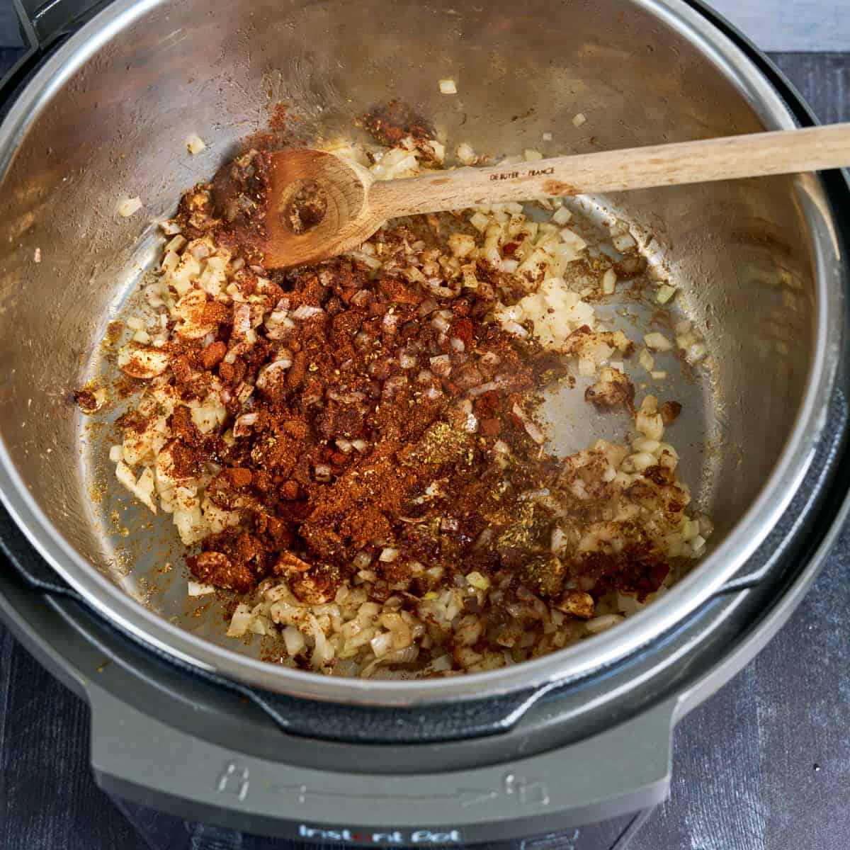 Sauté the onions, toast the spices for Instant Pot Pozole