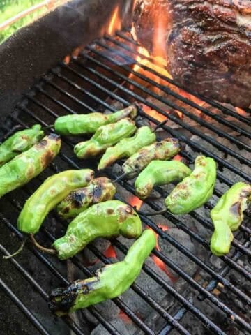 Shishito peppers blistering on the grill