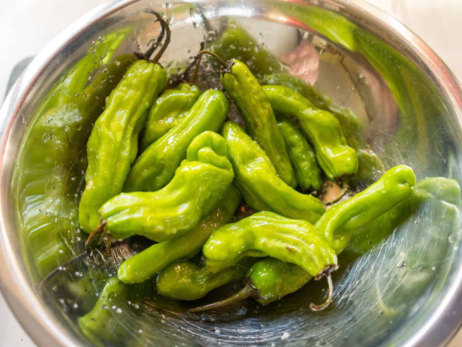 Shishito peppers tossed with a little oil and salt