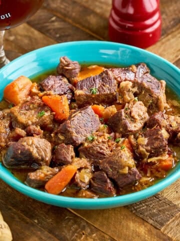 Flemish Beef Stew with a glass of Bernadus in the background