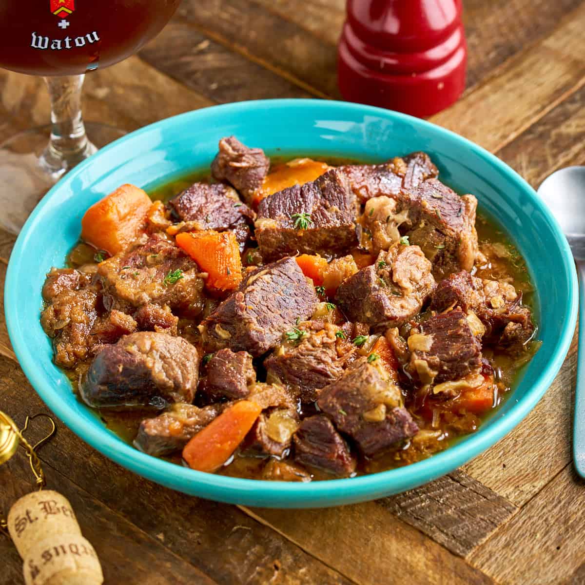 Flemish Beef Stew with a glass of Bernadus in the background