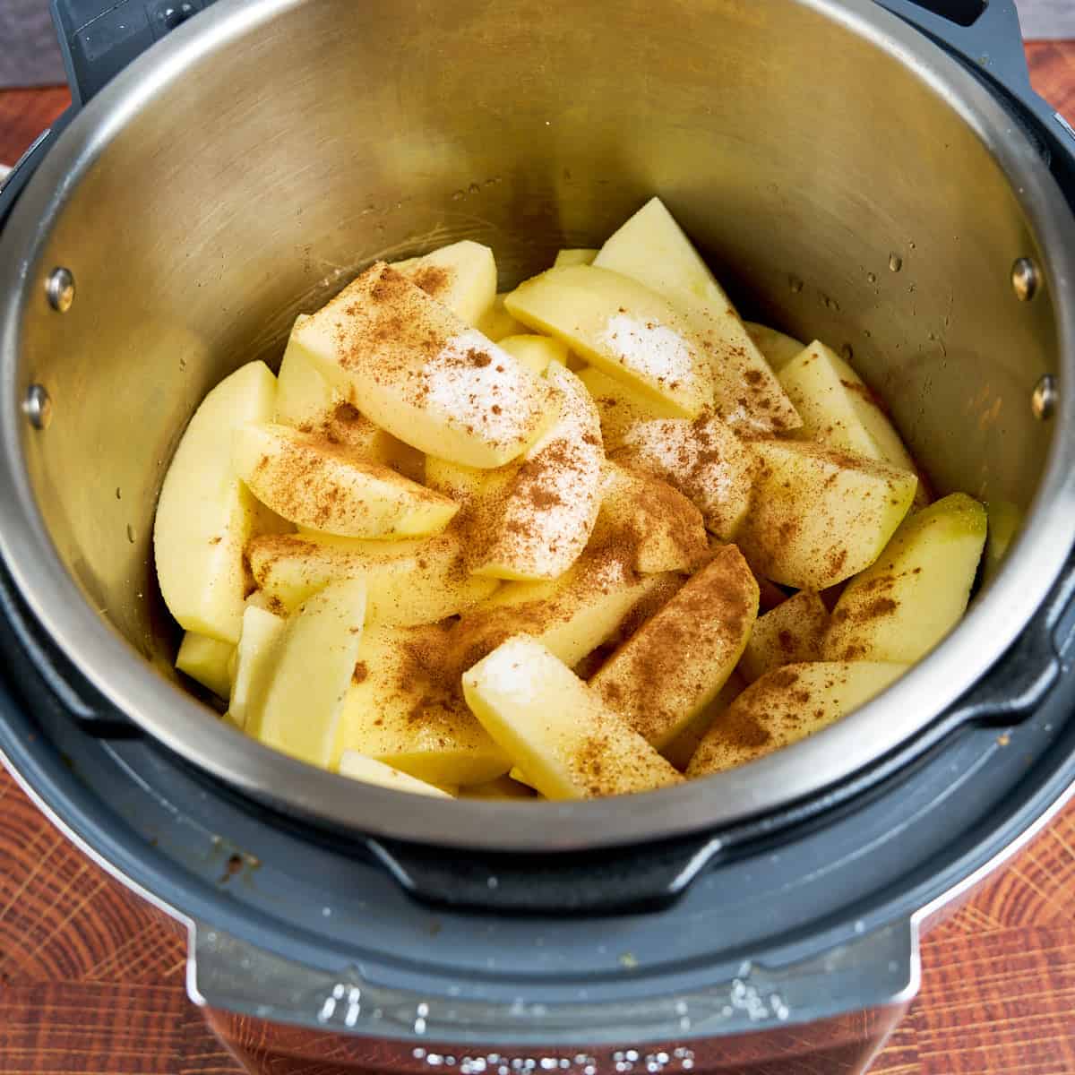 Water, apples, sugar, salt, and cinnamon in the pot