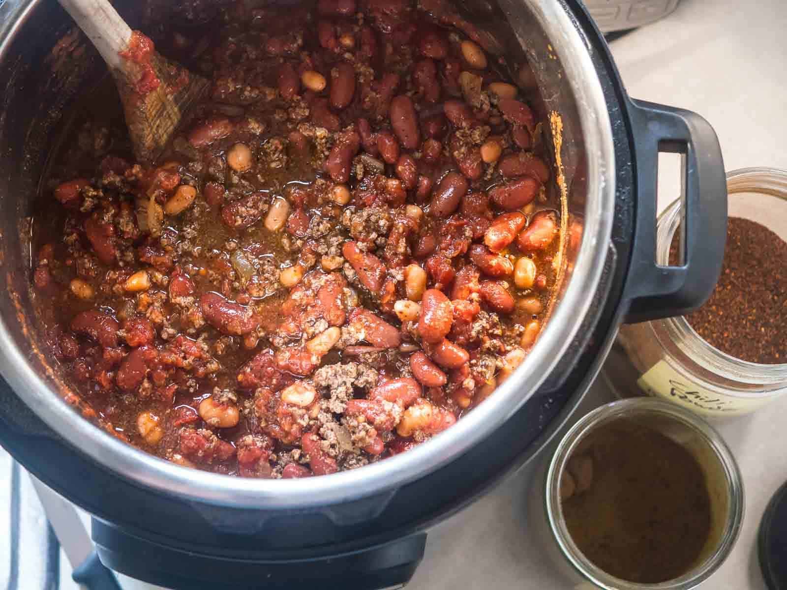 Everything in the pot for Instant Pot Quick Chili with Canned Beans