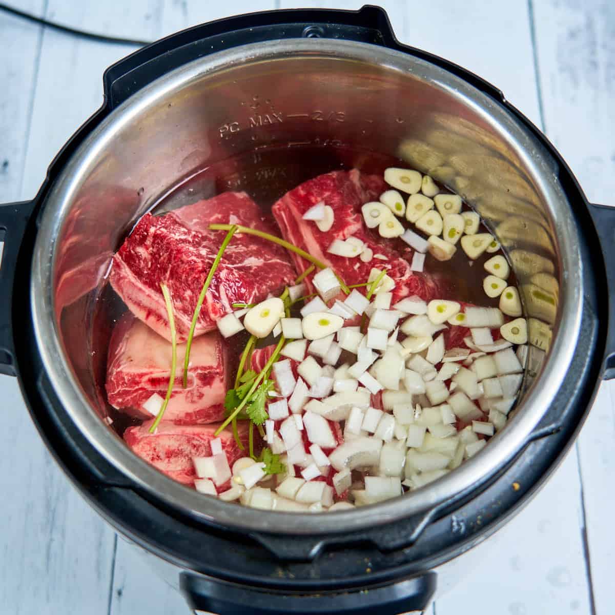 Ribs, onions, garlic, and cilantro stems in an Instant Pot