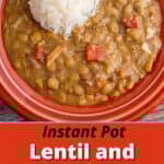 A bowl of Instant Pot Lentils and Bacon (with rice)