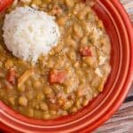 A bowl of Instant Pot Lentils and Bacon (with rice)
