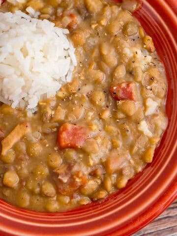 A bowl of Instant Pot Lentils and Bacon (with rice)