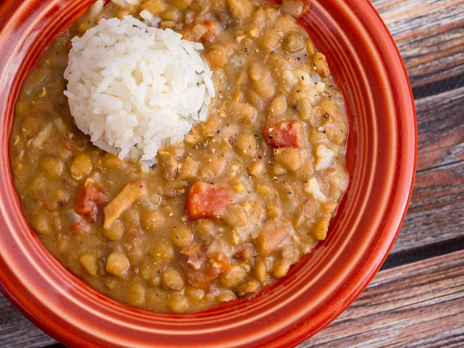 A bowl of Instant Pot Lentils and Bacon (with rice)