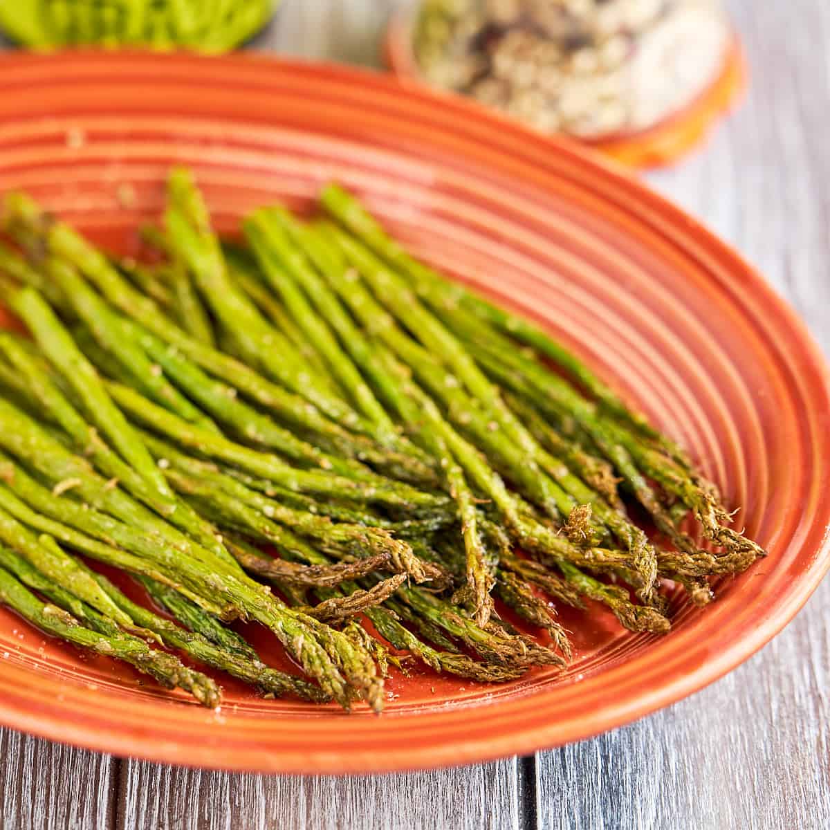 Air Fryer Asparagus cooked and on a platter
