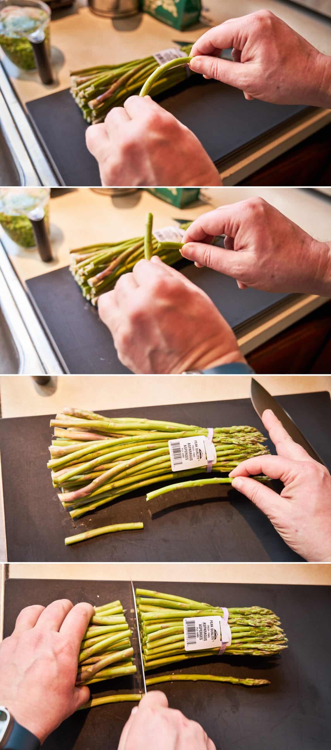 Step by step pictures of snapping and trimming a bunch of asparagus