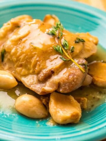 A plate of Instant Pot Chicken with 40 Cloves of Garlic