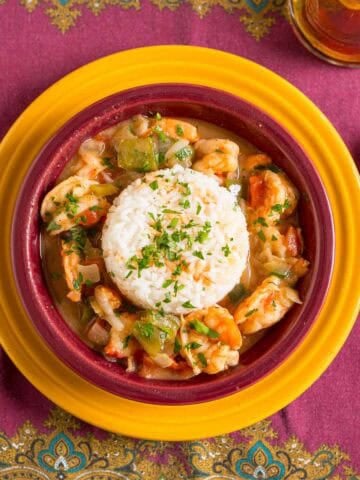 A bowl of Instant Pot Shrimp Etouffee with rice