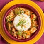 A bowl of Instant Pot Shrimp Etouffee with rice