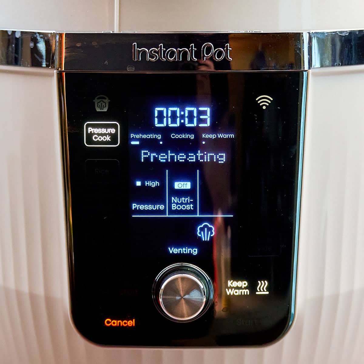 Instant Pot set to pressure cook for 3 minutes on high pressure with a quick release