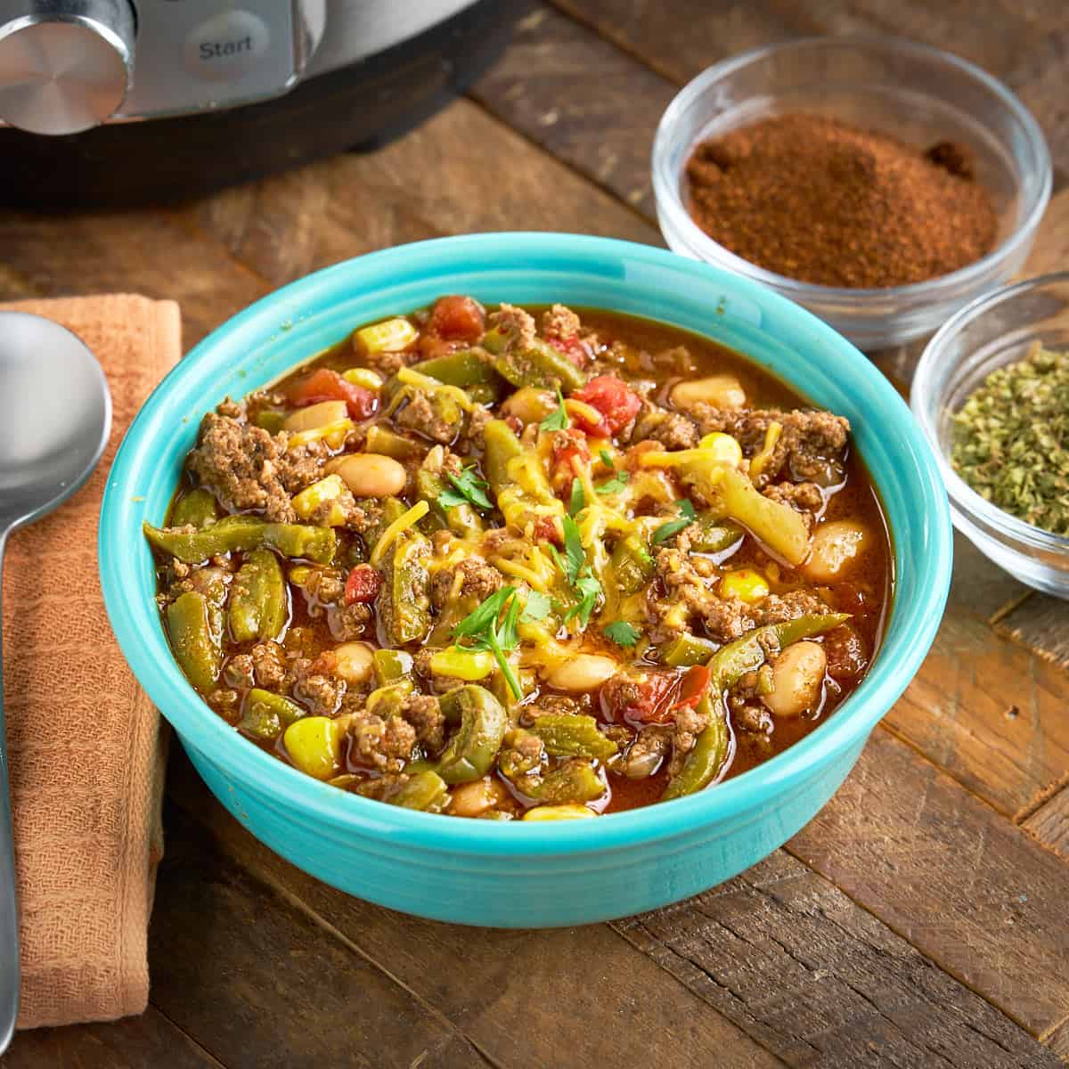A bowl of Instant Pot Cactus Chili